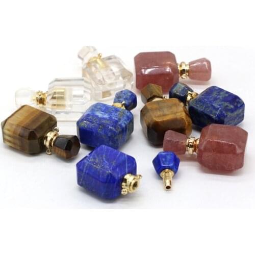 Natural Stone Perfume Bottle Pendant Lapis lazuli/White Quartz/Strawberry Crystal For Jewelry Making DIY Necklace Accessory