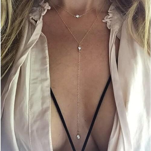 X106 New Arrival Multi-layered Long Tassel Chain Necklace Charming Women Gold Color Body Jewelry Shiny Crystal Pendant Necklace