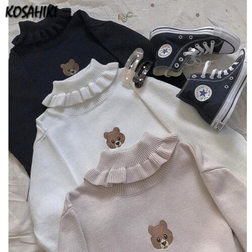 KOSAHIKI New Autumn Bear Embroidery Sweaters Fashion Cute Ruffle Turtleneck Pullovers Women Bastic Kintting Jumper Japan Style