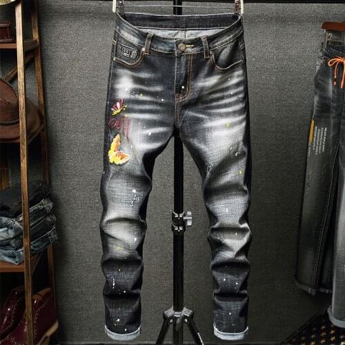 Original Design New Ripped Slim Jeans Korean Version Mens Elastic Embroidered Small Leg Denim Pants Fashion Male Trousers