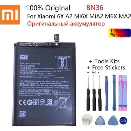 Xiaomi Original Replacement Phone Battery BN36 For Xiaomi Mi6X Mi 6X MiA2 Mi A2 Capacity 2910mAh Genuine Li-ion battery Tools