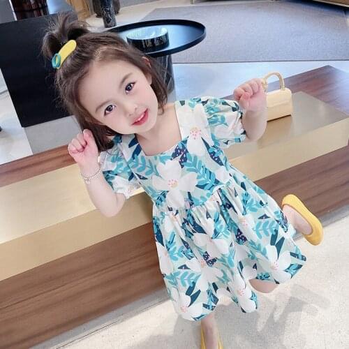 Girls Summer Dresses Toddler Girl Princess Flower Print Elegant Vestidos Children Short Sleeve Cotton Holiday Clothing 2-6Y