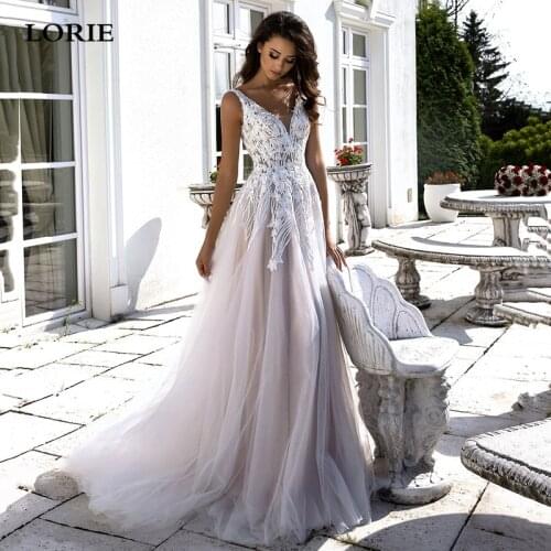 LORIE 2020 New V Neck Beach Wedding Dresses Backless 3D Floral Appliqued Lace Bridal Gowns Tulle vestido de novia Plus size