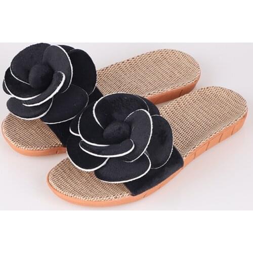 New Summer Linen Slippers Korean Style Indoor Home Non-Slip Breathable Big Flower Sandals And Slippers Women