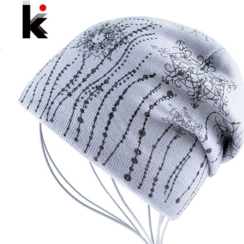 Rhinestone Beanies Hats For Women Winter Knitted Wool Bonnet Caps Femal Outdoors Warm Skies Hat Girls Skullies Toucas De Inverno