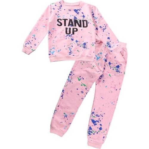 Spring Autumn Kids Girls Casual Sports Dance Tracksuit Outfit Teen Girls Long Sleeve Graffiti Sweatshirt Tops Pants Clothing Set