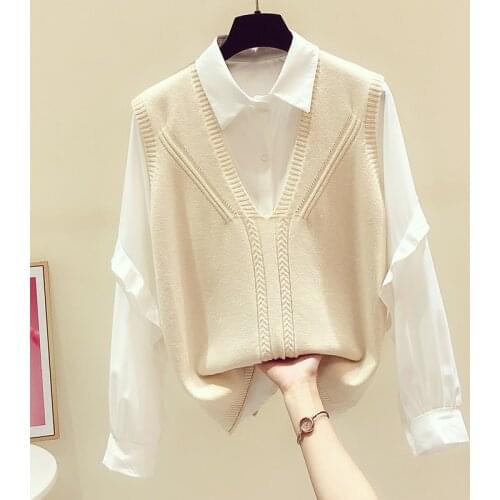 2021 Spring New Simple Knitting Vest + Long Sleeve Ruffled White Shirt Two-Piece Womens Top Clothing