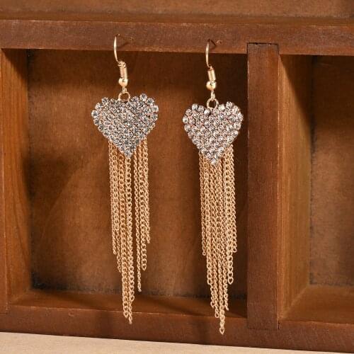 Korean Style Crystal Heart Hanging Earrings for Women Shiny Tassel Long Rhinestone Brincos Jewelry Lover Wedding Bridal Gift