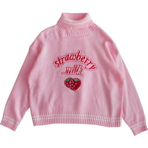 XUANHAO Womens Sweaters Japanese Kawaii Sweet Cute Strawberry Turtleneck Sweater Female Korean Harajuku Clothing for Girls