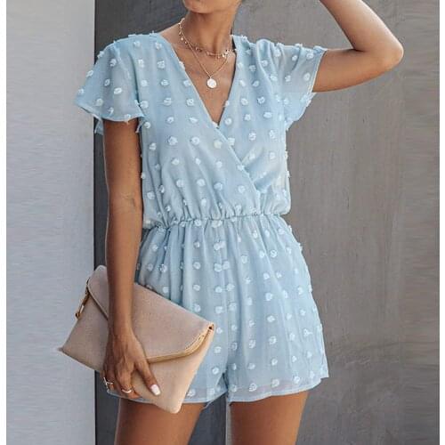 Women Summer Clothes Short Sleeve Tunic Playsuit Floral Dot Casual V-neck Short Beach Jumpsuit 2021 Dropshipping #T3G