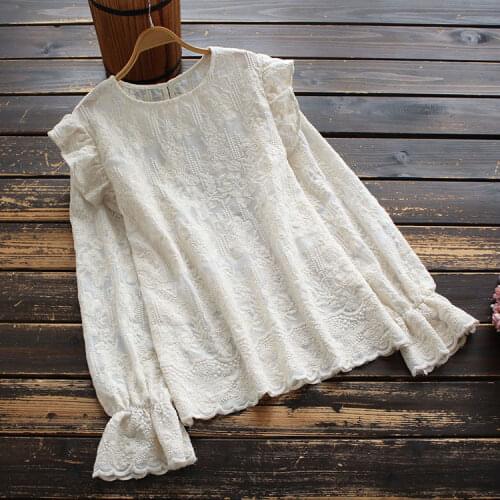 New Spring Autumn Female Japanese Sweet Lotus Leaf Sleeve Loose Shirt Collar Falbala Adornment Lace Unlined Upper Garment 8391