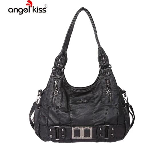 Angelkiss Brand Washed PU Women Handbag Two-Compartment Roomy Shoulder Bag Hobo Lady Messenger Tote with Adjustable Long Strap