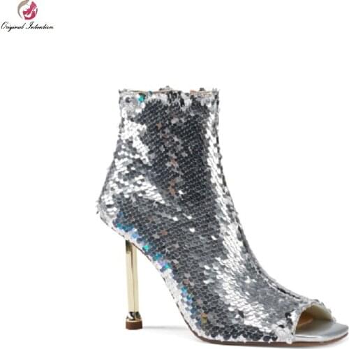 Women Sexy Glistening Party Heels Woman Sequined Cloth Side Zipper Bling Sandals Boots Summer Peep Toe Nightclub Stiletto Shoes
