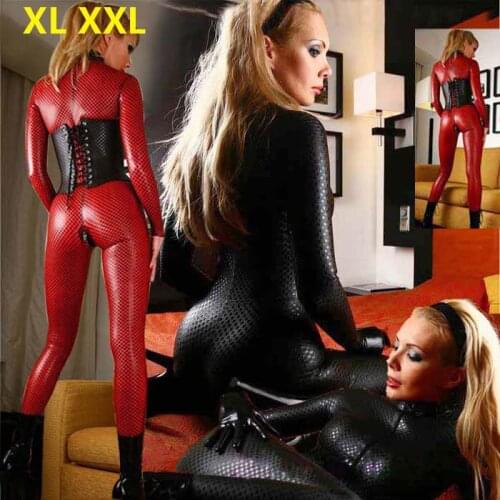Women Black Red Plaid Sexy Faux Leather Latex Catsuit Clubwear With Double Zipper to Crotch Sex Fetish Bondage Harness Bodysuit