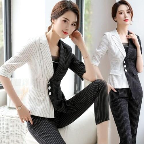 Ladies suit spring and summer new products fashion five-point sleeves western fit temperament striped nine-point pants Two-piec