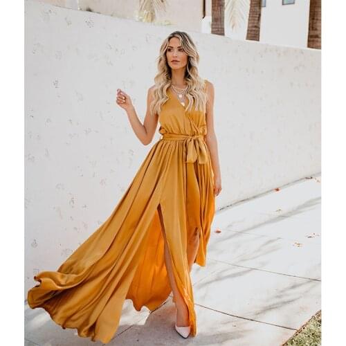 Sleeveless New Fashion Women Summer Long Maxi Dress Lace Up Waist Pleated Party Dresses Loose Split Fashion Dresses