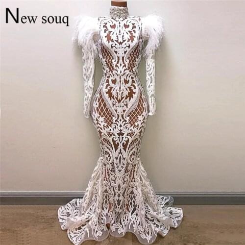 White Mermaid Evening Dresses Robe De Soiree 2019 Illusion Arabic Party Gowns Feather Beaded Dubai Abaya Kaftan Long Prom Dress