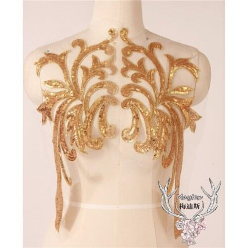 1 PC Baroque Gold Pattern Sequins Embroidery Lace Patch DIY Wedding Dress Stage Performance Lace Fabric