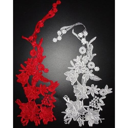 1 Mirror pair red ivory embroidery patch cloth lace flower venice lace applique 47x 17cm LA68