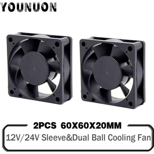 2 Pieces 60x60x20mm 6020 12V 24V Dual Ball 3D Printer Cooler Fan 60mmx20mm Brushless Machine Equipment DC Motor Cooling Fan