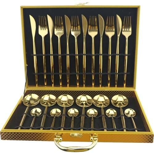 24pcs Luxury Shiny Cutlery Set Fork Knife Spoon Dinnerware Set 304 Stainless Steel Flatware Set Kitchen Tableware With Gift Box