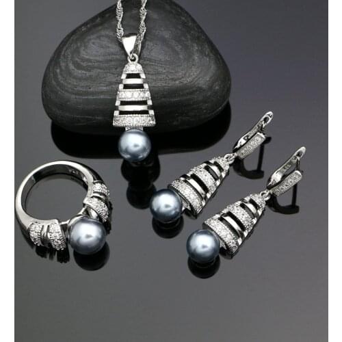925 Silver Bridal Jewelry Sets For Women Wedding Grey Pearl Beads White Cubic Zirconia Ring Pendant Necklace Earrings Set