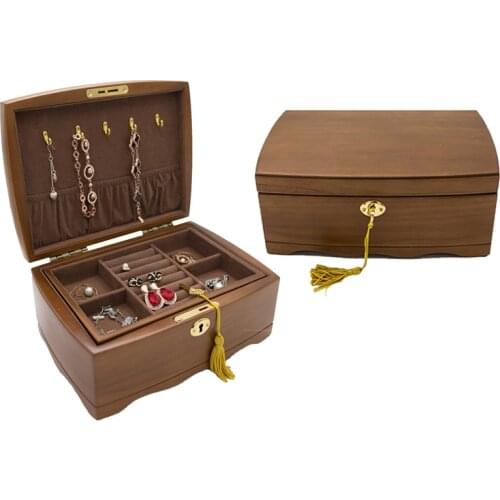 Best Seller Antique Real Wood Jewelry Gift Case with Lock Double Layers Earring Ring Necklace Jewellery Storage Organizer