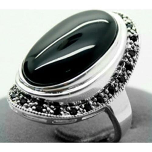 Fashion jewelry Free Shipping Pretty 17X30mm Black Agates Inlay Marcasite 925 Sterling Silver Ring 7/8/9/10