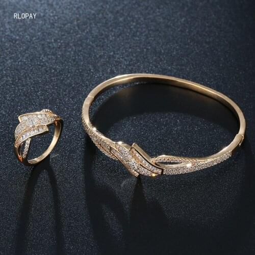 Copper Bracelets and Rings with Cross Border Square Zircon Gold Plated Jewelry Luxury Bangle Ring Sets for Women