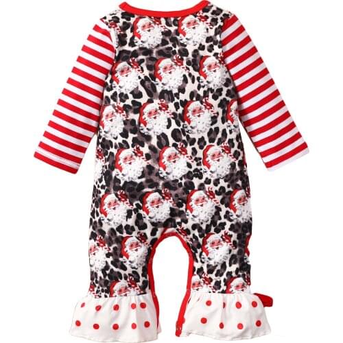 Pudcoco Toddler Christmas Jumpsuit Santa Print Stripe O-Neck Longs Sleeves Siamese Trousers Rompers for Baby Girls Boys 0-24 M