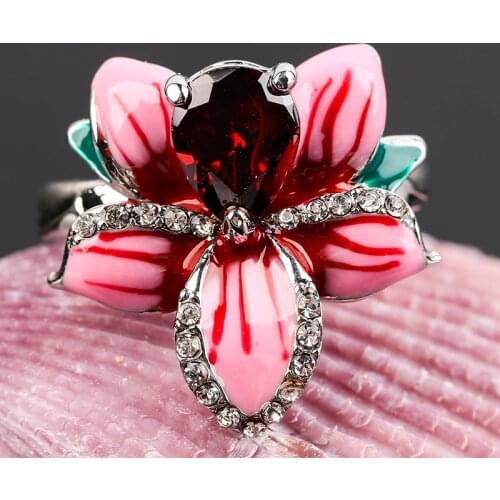 Elegant Red Flower Bling Zircon Stone Plant Rings for Women Cute Wedding Engagement Fashion Party Ring Jewelry 2020 O4M156
