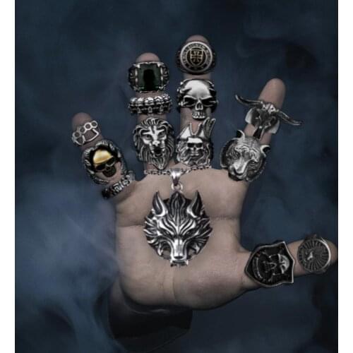 Mens Christianity 316L Stainless Steel Rings Devil Satan Cross Skull Animal Zircon Silver Golden Finger Ring Punk Hiphop Style