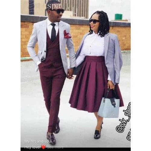 2020 New Costume Homme Men Suits For Wedding 3 Pieces Light Grey Tuxedos Blazer Burgundy Vest Pant Terno Masculino Groom Suit