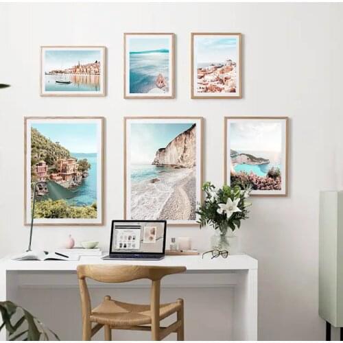 France Greece Sea Beach Seascape Poster Aegean Architecture Nature Landscape Painting Canvas Print Wall Art Picture Room Decor
