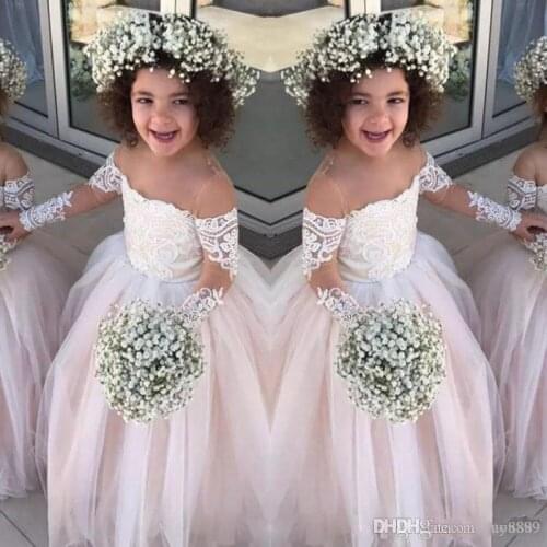 Lace Sheer Long Sleeves Little Girls Pageant Gowns Tulle Ball Gown Flower Girl Dresses For Wedding Baby Birthday Party Dress Che