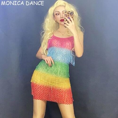 Sexy Stage Multi-color Rhinestones Fringe Transparent Short Dress Prom DS Women Dancer Dress Birthday Celebrate Dance Dress