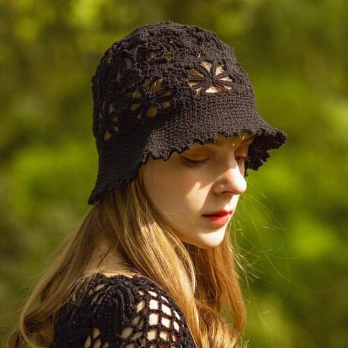 X021 Adult Hand-Woven Knitting Hats Female Travel Sunscreen Sunbonnet Caps Fashion All-match Hollow Fisherman Caps Adjustable