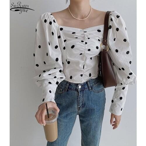 Korean Fashion Polka Dot Long Puff Sleeve Blouses Vintage Blouse Casual Shirt Women Spring Square Collar White Black Tops 14338