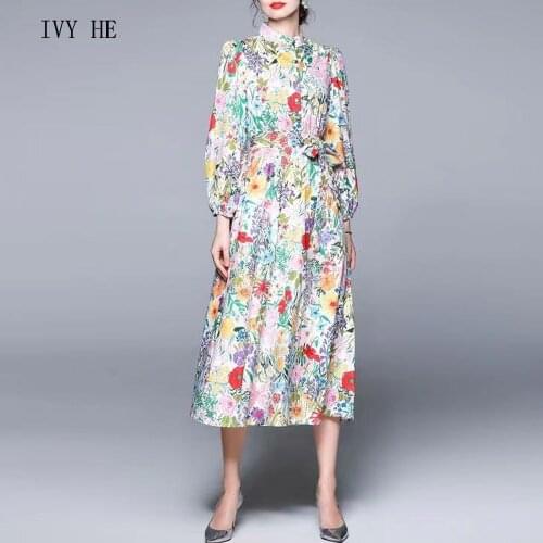 IVY HE High Quality Autumn Dress Woman Clothing Broken Flower Printing Holiday Beach Long Dress Traf ZAfu Party Vintage Dresses