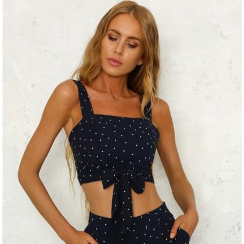 Female 2021 Summer Sleeveless Polka Dot Tank Tops Sexy Lace Up Bow Tie Short Top Shirt Strapless Sleeveless Cropped T-Shirts