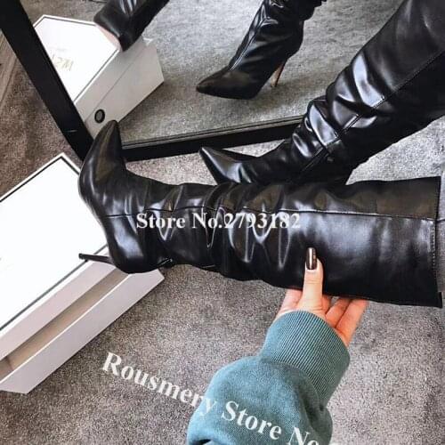 Women Elegant Pointed Toe Stiletto Heel Knee High Boots White Black Leather Long High Heel Boots Formal Dress Heels Shoes