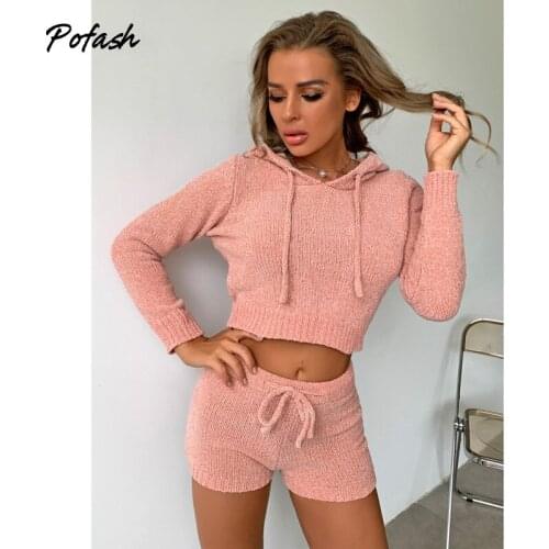 Pofash Pink Solid Knitted Hooded Sweater Women Long Sleeves Crop Top And Shorts Two Piece Outfits 2020 Casual Winter 2 Piece Set