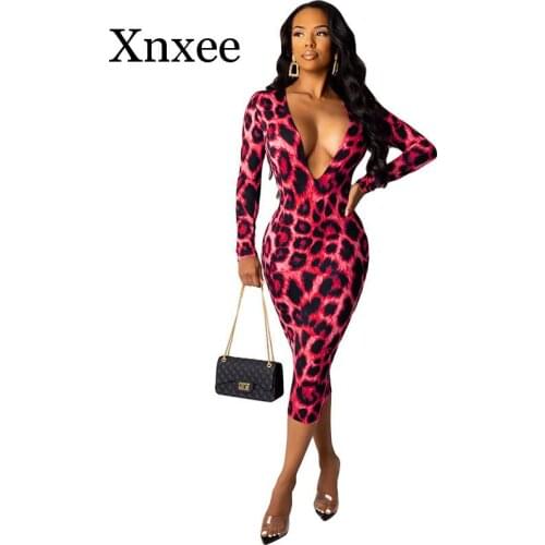 Cheetah Leopard Print Sexy Bodycon Dress Women Fall V-neck Elegant Long Sleeve Pencil Midi Dress Robe Night Party Club Dresses