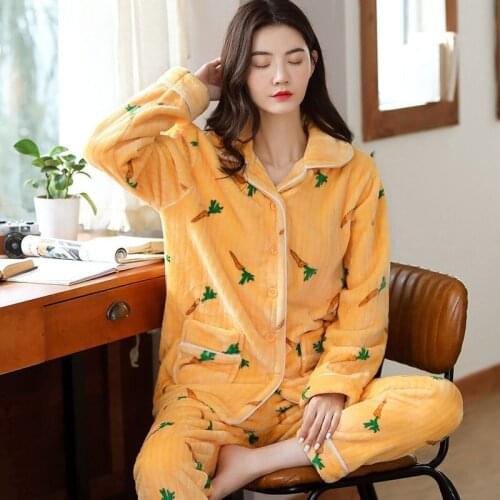 Winter Women Thicken Warm Soft Pajamas Female Flannel Pajamas Set 2 Pieces Mujer Long Sleeve Sleepwear for Girl Ladies Pyjamas