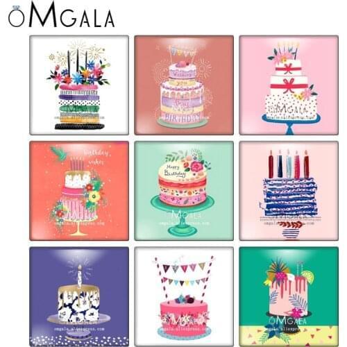 Cartoon Happy Birthday Cake Dessert Patterns 10pcs mixed 12mm/20mm/25mm/30mm photo glass cabochon demo flat back Making findings