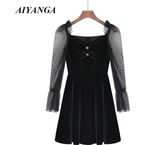 Sexy Spring 2020 Mesh Velvet Dresses Women Party Female Vintage Polka Dot Short Mini Dress Gothic Style Vestidos