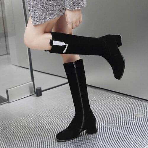 Big Size 9 10 11 Round head pure salad zipper water drill fringed thick-heeled boots