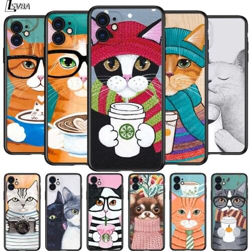 Cute Coffee Cat for Apple iPhone 12 Pro Max Mini 11 Pro XS Max X XR 6S 6 7 8 Plus 5 5S SE2020 Black Phone Case