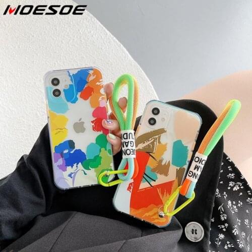 For iPhone 11 12 Pro Max XR XS X 7 8 Plus Graffiti Pattern Fluorescent Hand Strap TPU Case For iPhone SE 2020 12 11 Pro Cover