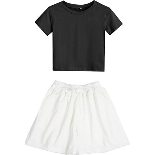 Girls Two-piece Suits Summer Sexy Cotton Tops for Women Pant Sets Harajuku Croped T Shirt Feminina Short Sleeve O-Neck T Shirts